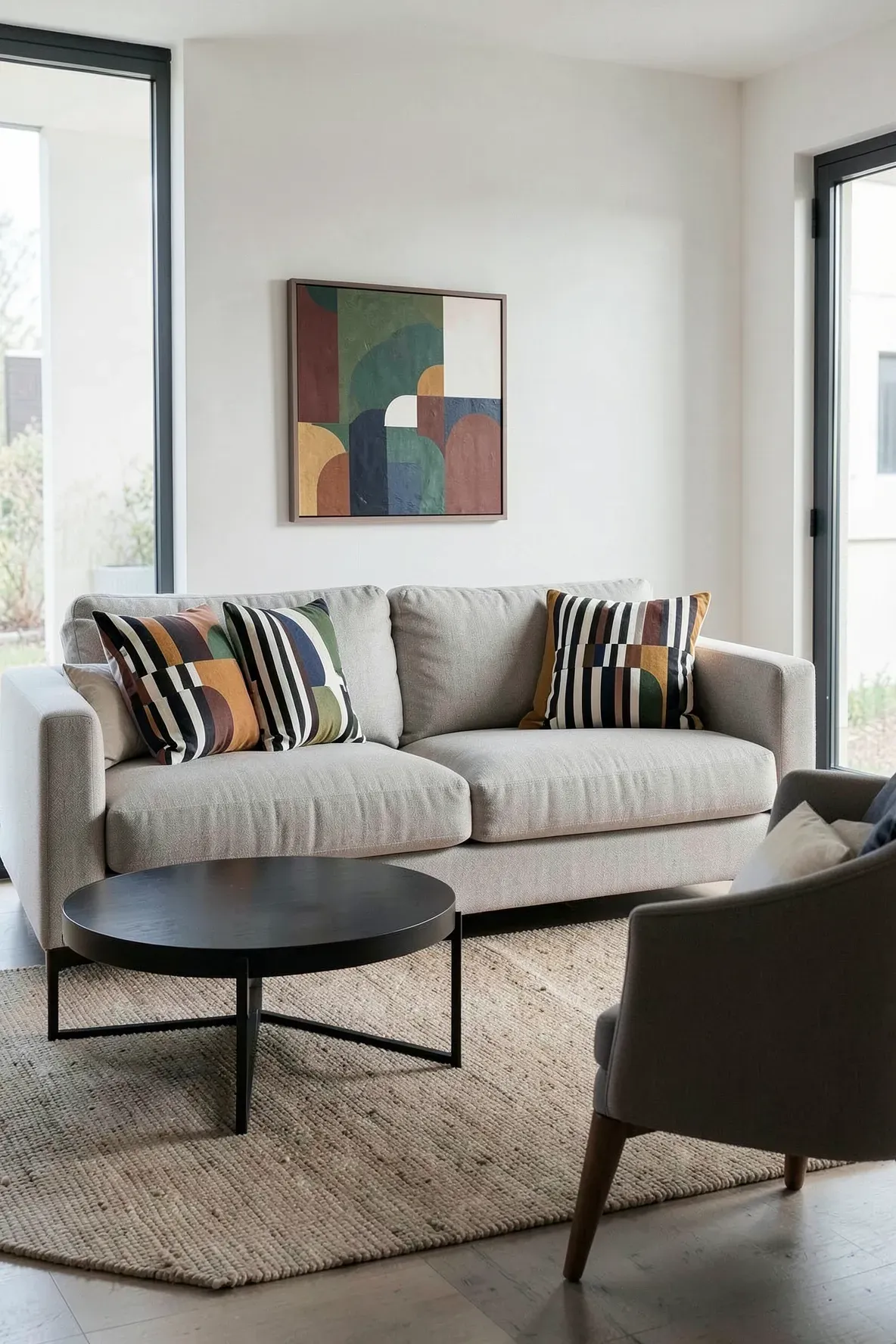 Modern sofa with bold geometric decorative pillows in a full living room scene.