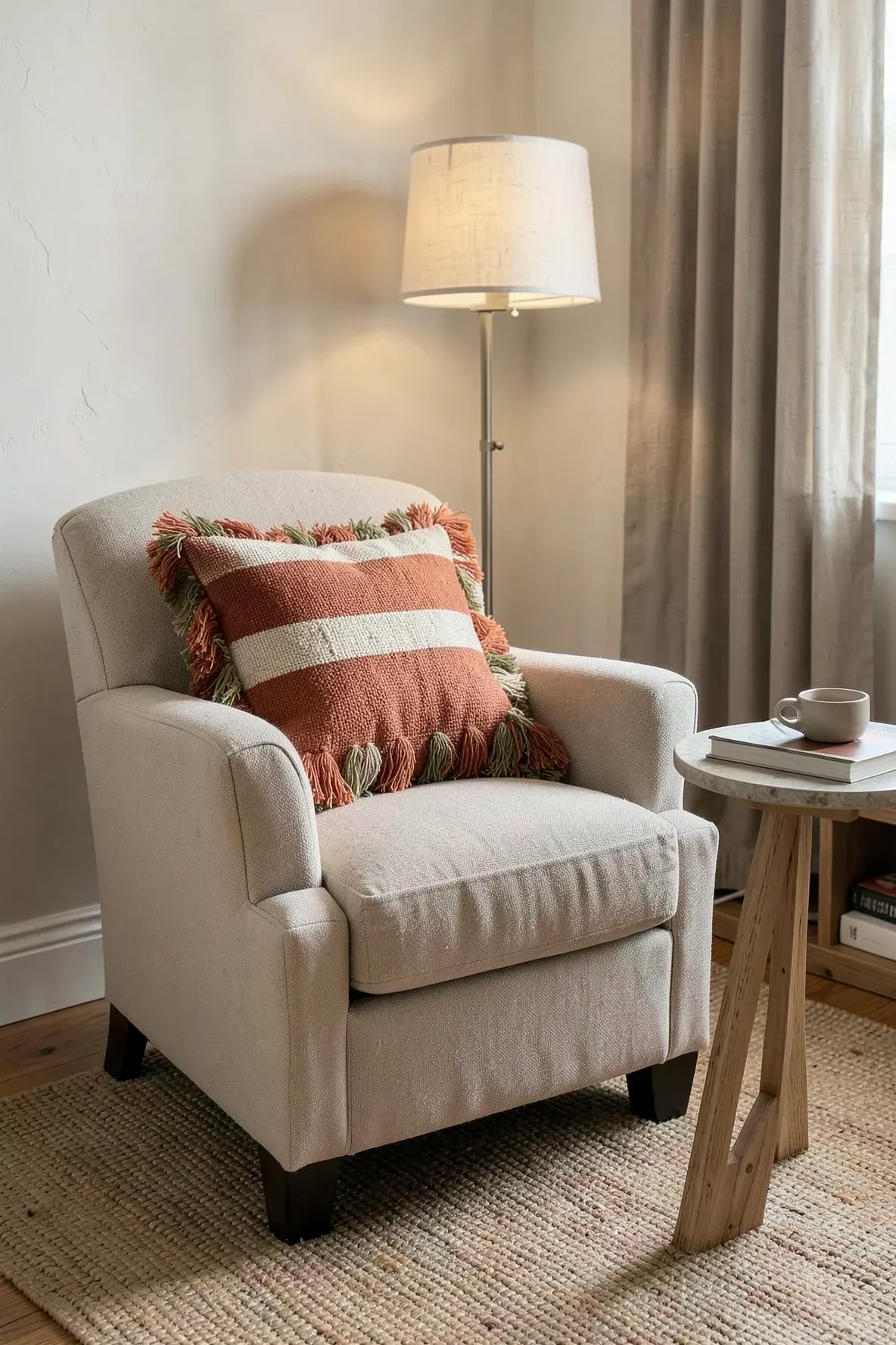 Cozy reading chair with a tassel decorative pillow in a softly lit corner.