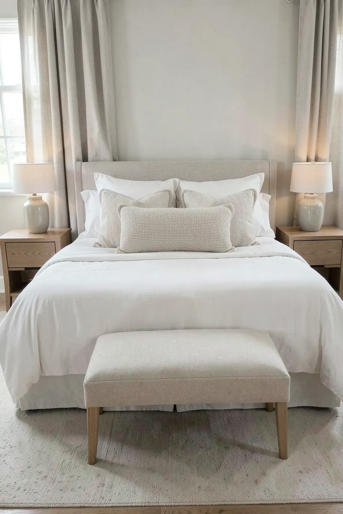 Bedroom with decorative pillows on the bed centered around a long lumbar pillow.