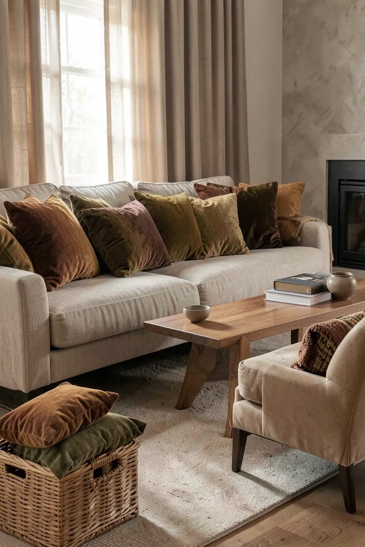 Warm living room with earthy velvet decorative pillows on sofa and chair.