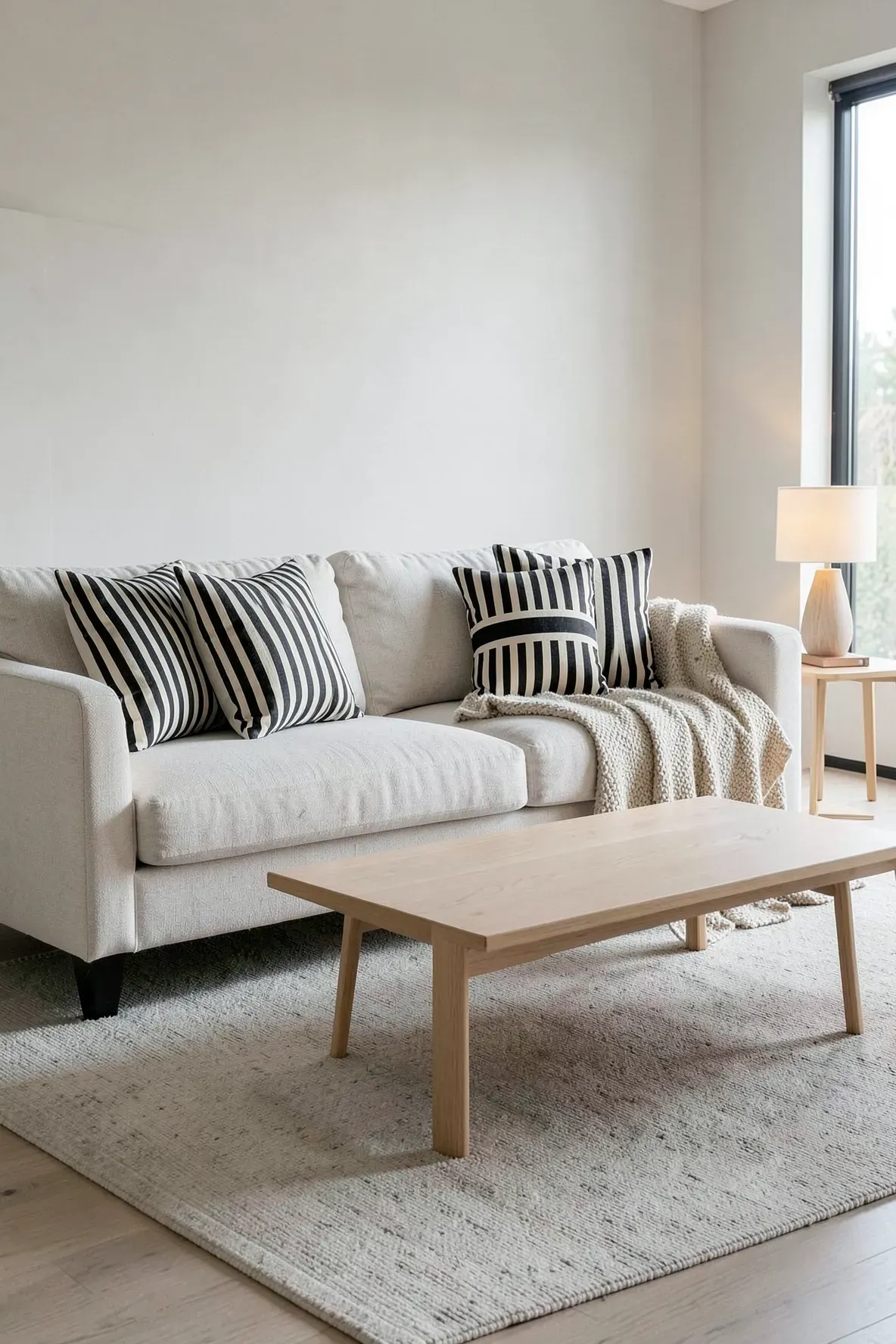 Modern couch with black and cream striped decorative pillows in a calm living room.