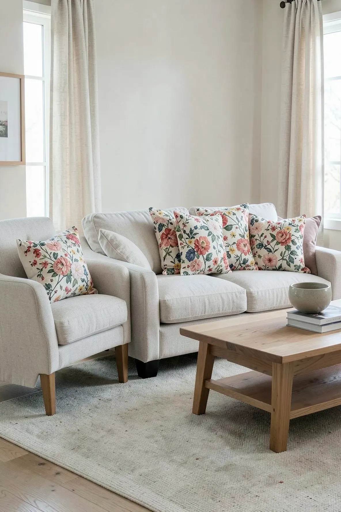 Living room sofa styled with floral and solid decorative pillows in coordinated colors.