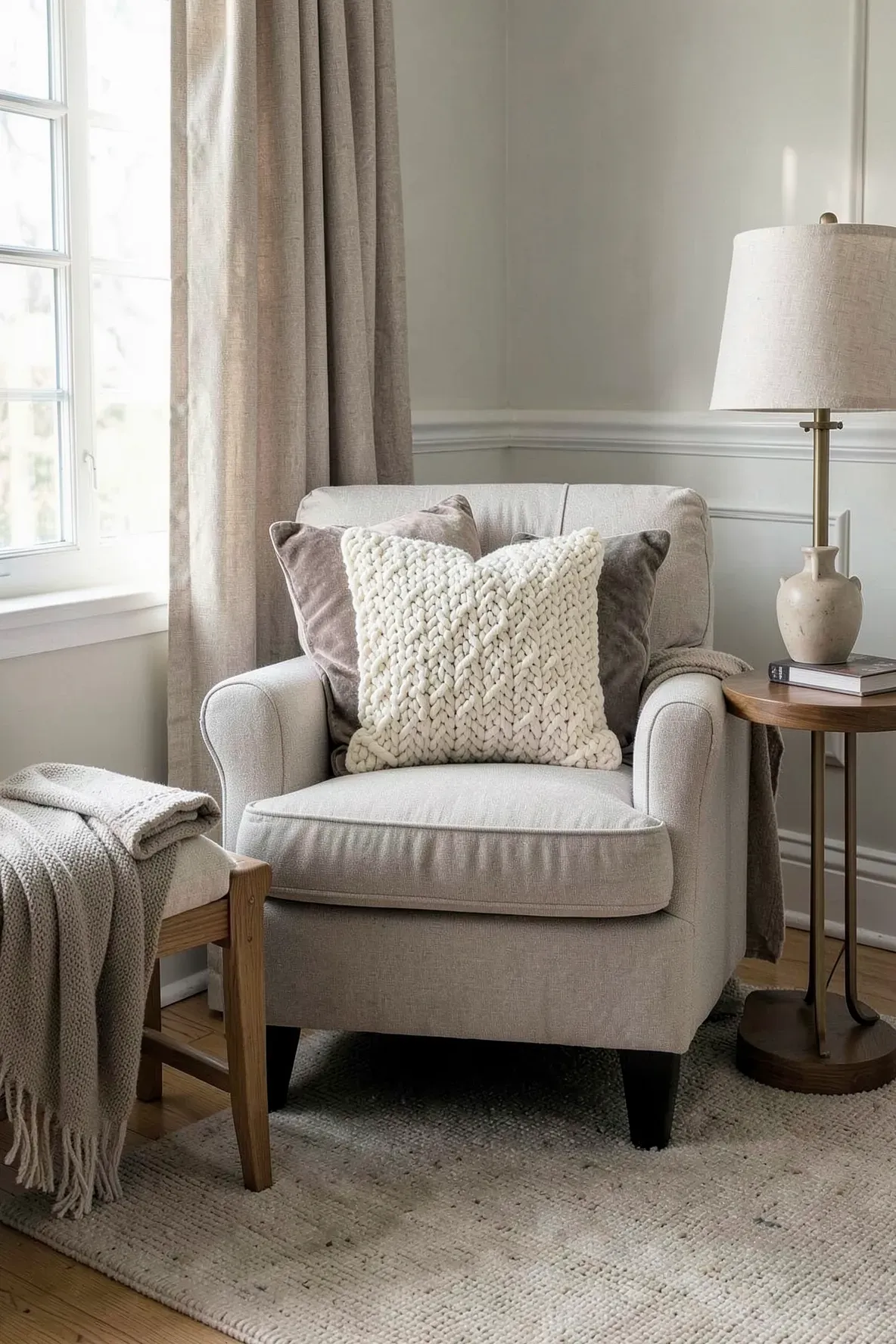 Cozy armchair corner with chunky knit decorative pillows, bench, side table, and soft light.