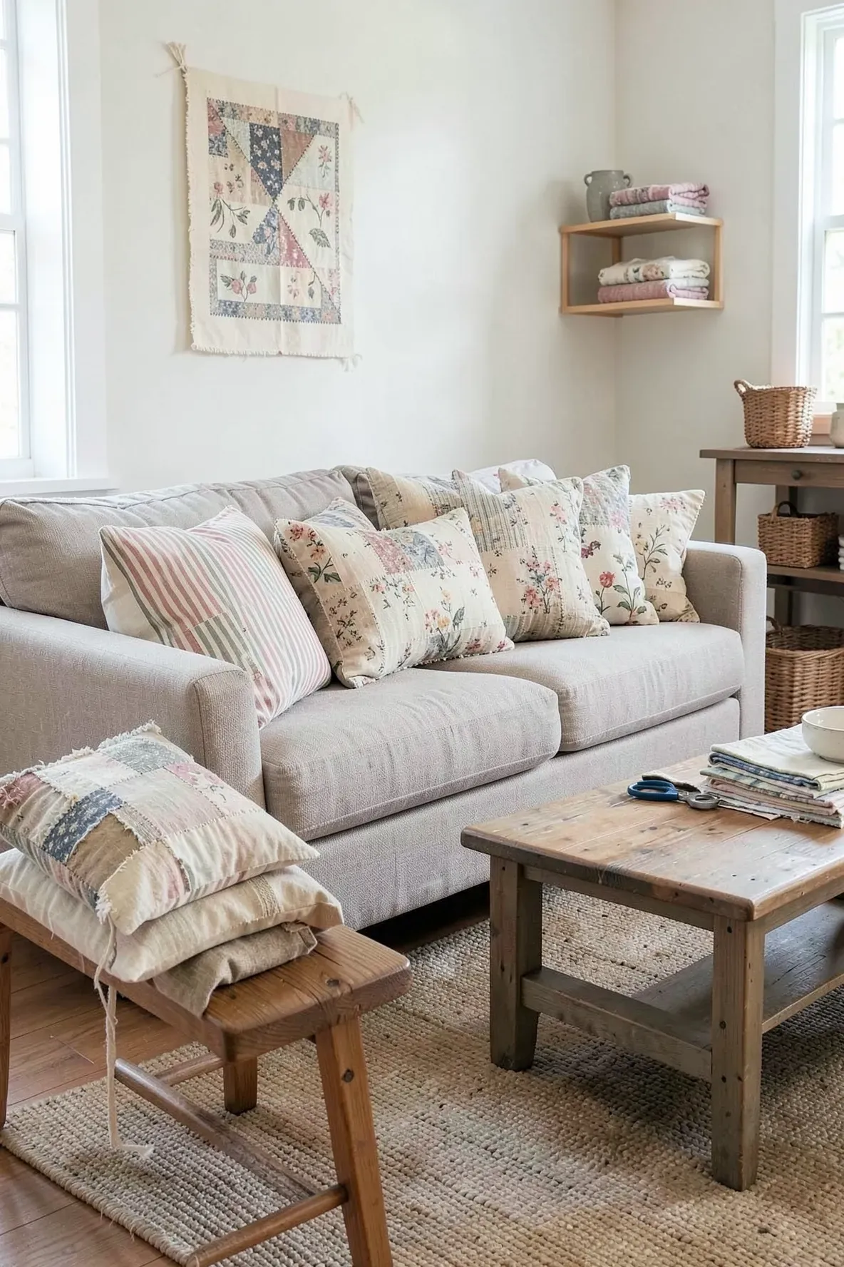 Living room sofa with decorative pillows in simple handmade fabric covers and a matching bench pillow.