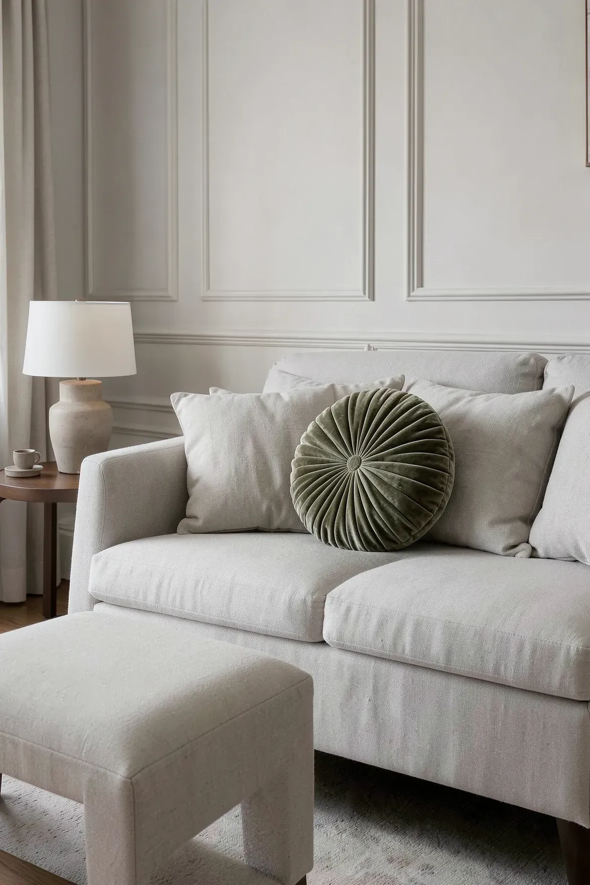 A calm room with one round pleated decorative pillow among simple square pillows.