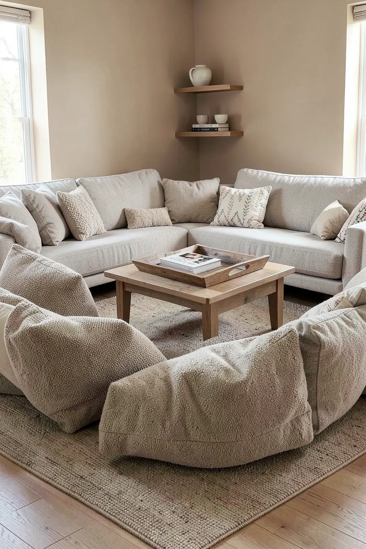 Family room with oversized floor decorative pillows arranged around a low coffee table.