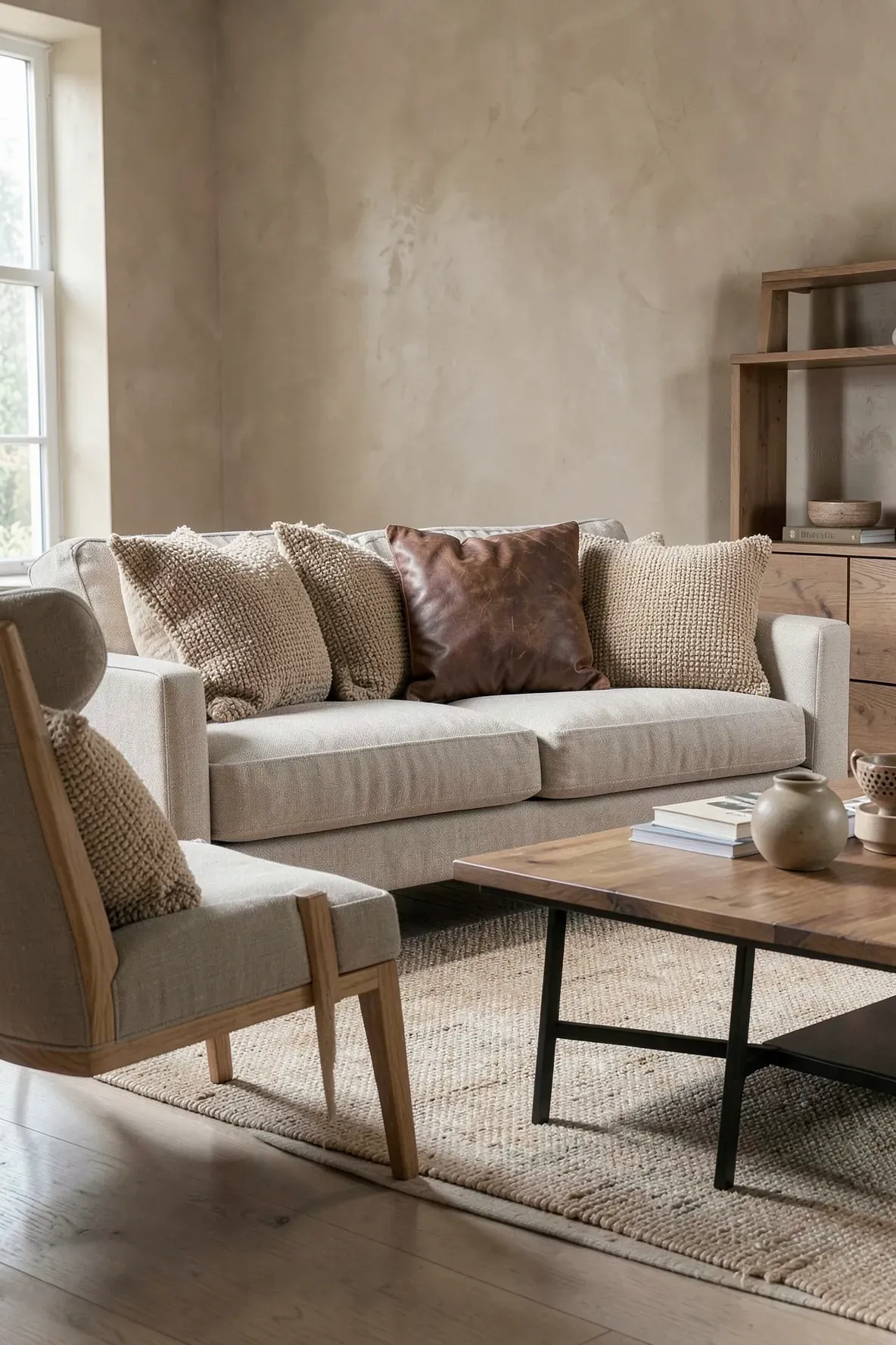 Neutral sofa with leather and woven decorative pillows in a warm textured living room.