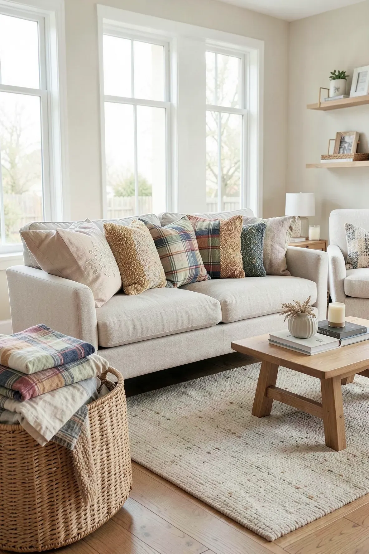 Living room sofa with seasonal decorative pillow covers and folded extra covers nearby.