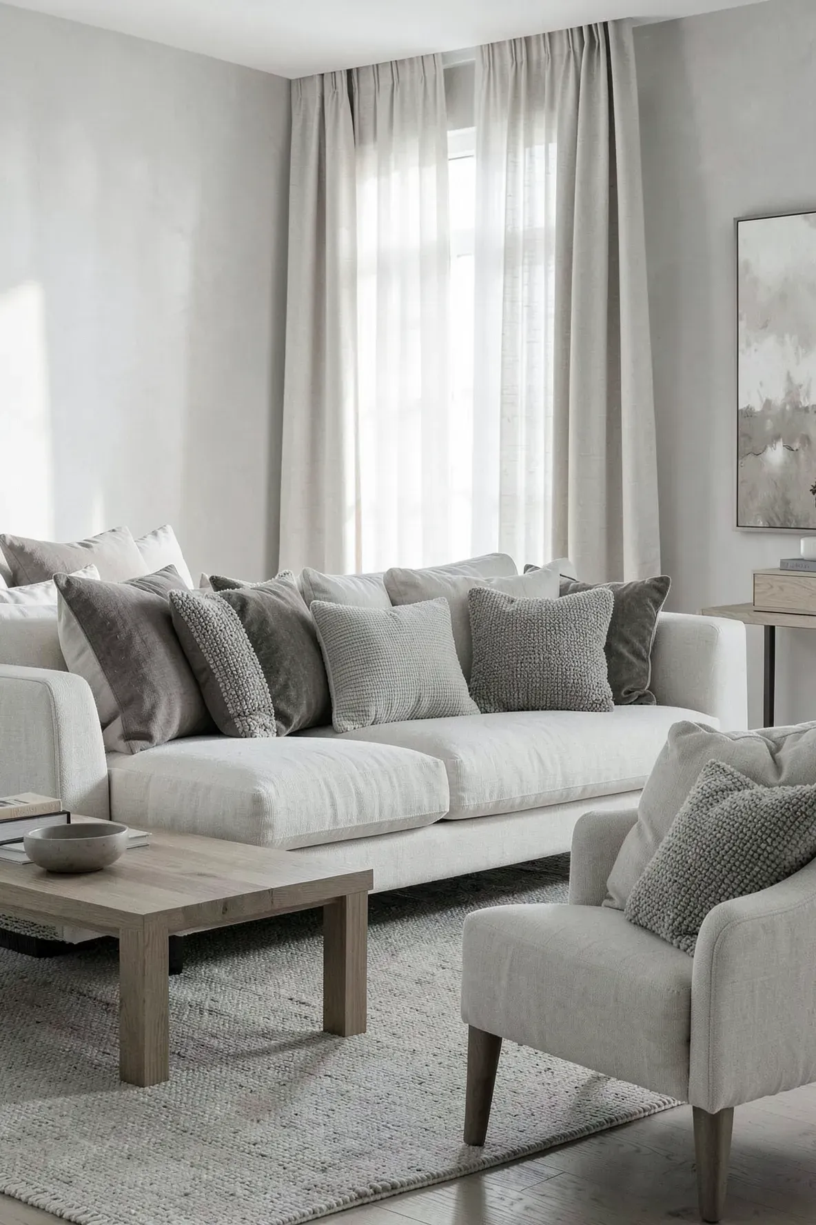 Neutral living room with textured monochrome decorative pillows on sofa and chair.