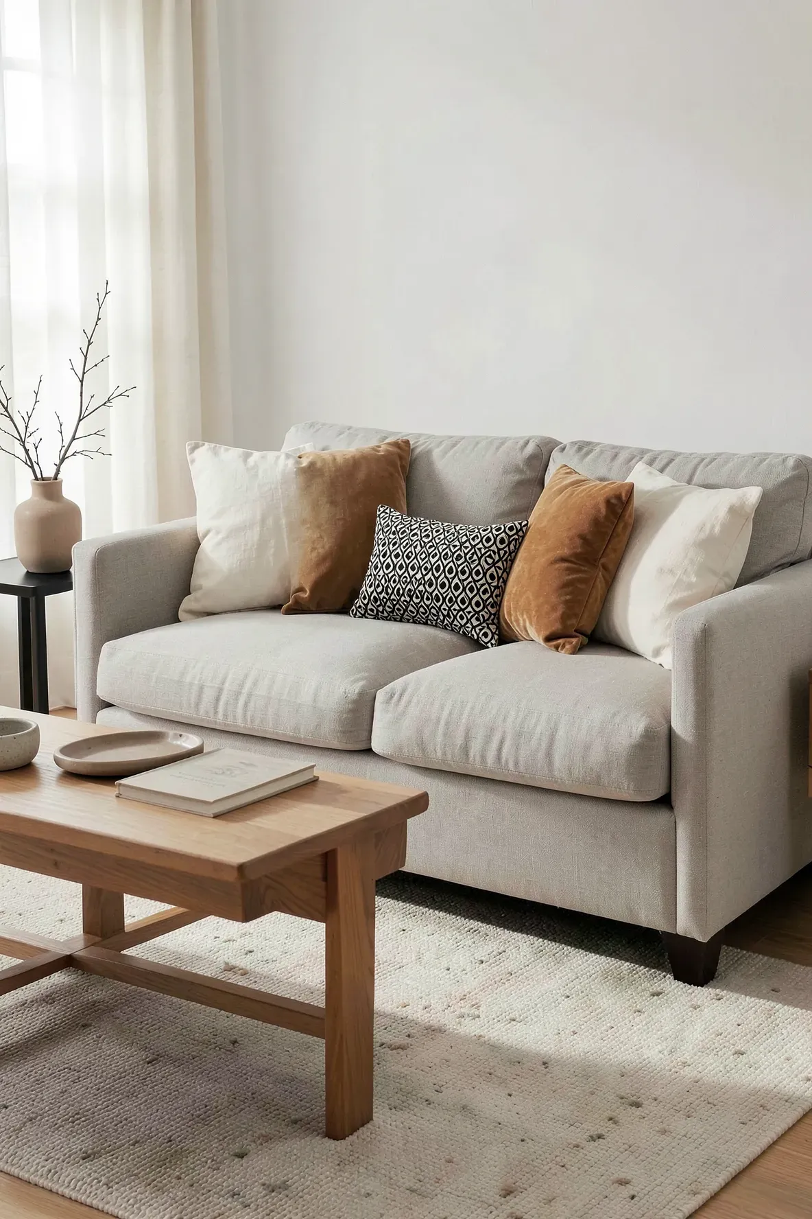 Neutral sofa styled with cream linen, camel velvet, and a small black print pillow.