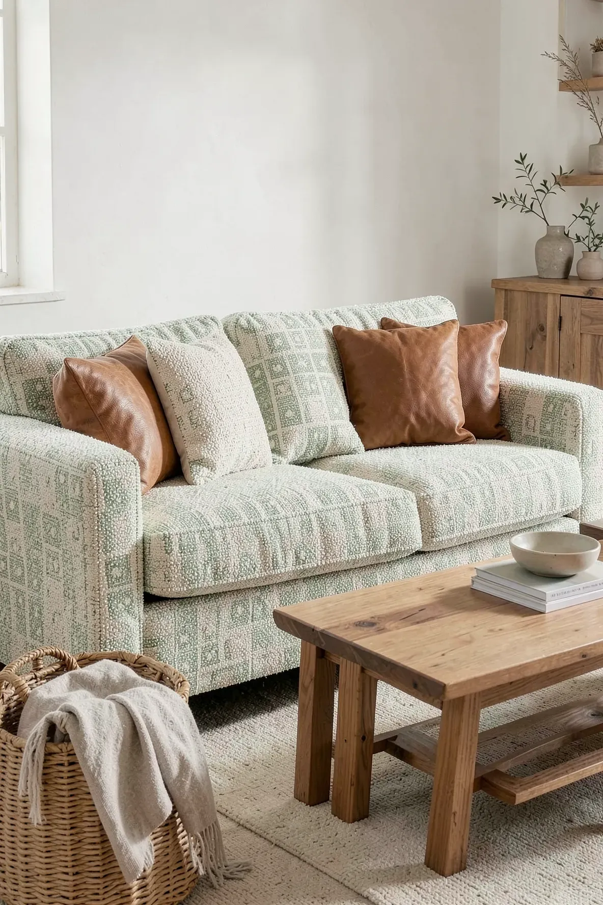 Neutral sofa styled with sage block print, ivory boucle, and brown leather pillows.