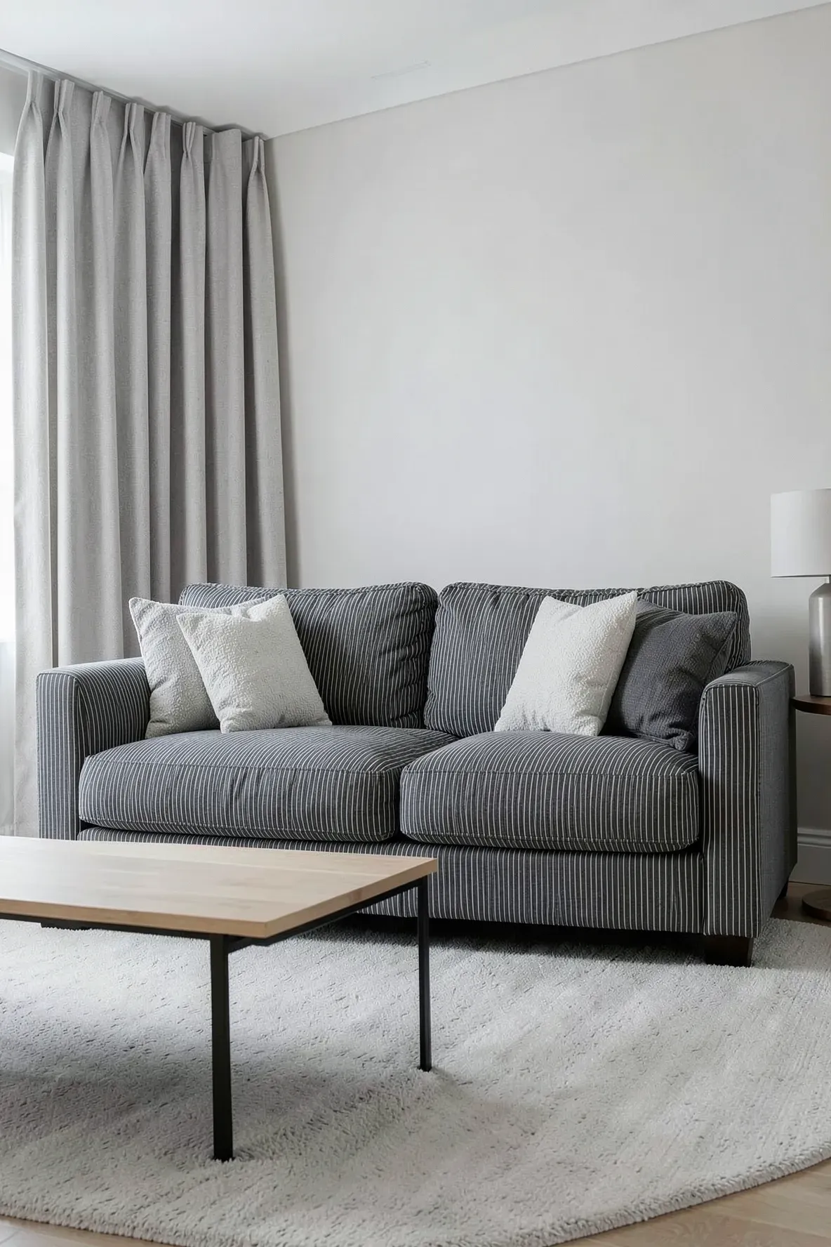 Tailored sofa with charcoal, ticking stripe, and light gray textured throw pillows.