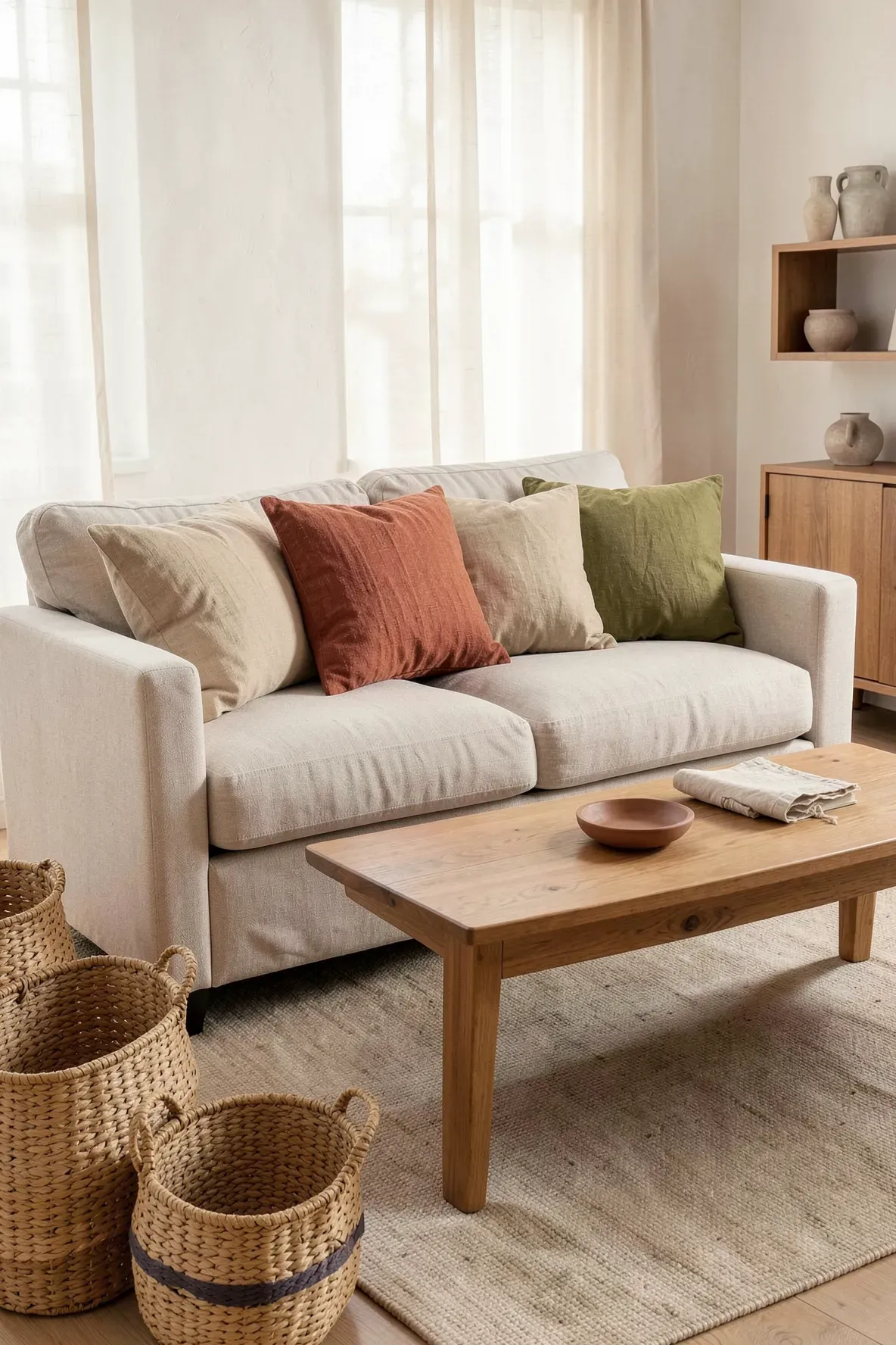 Neutral sofa with terracotta mudcloth, sand linen, and muted olive pillows.