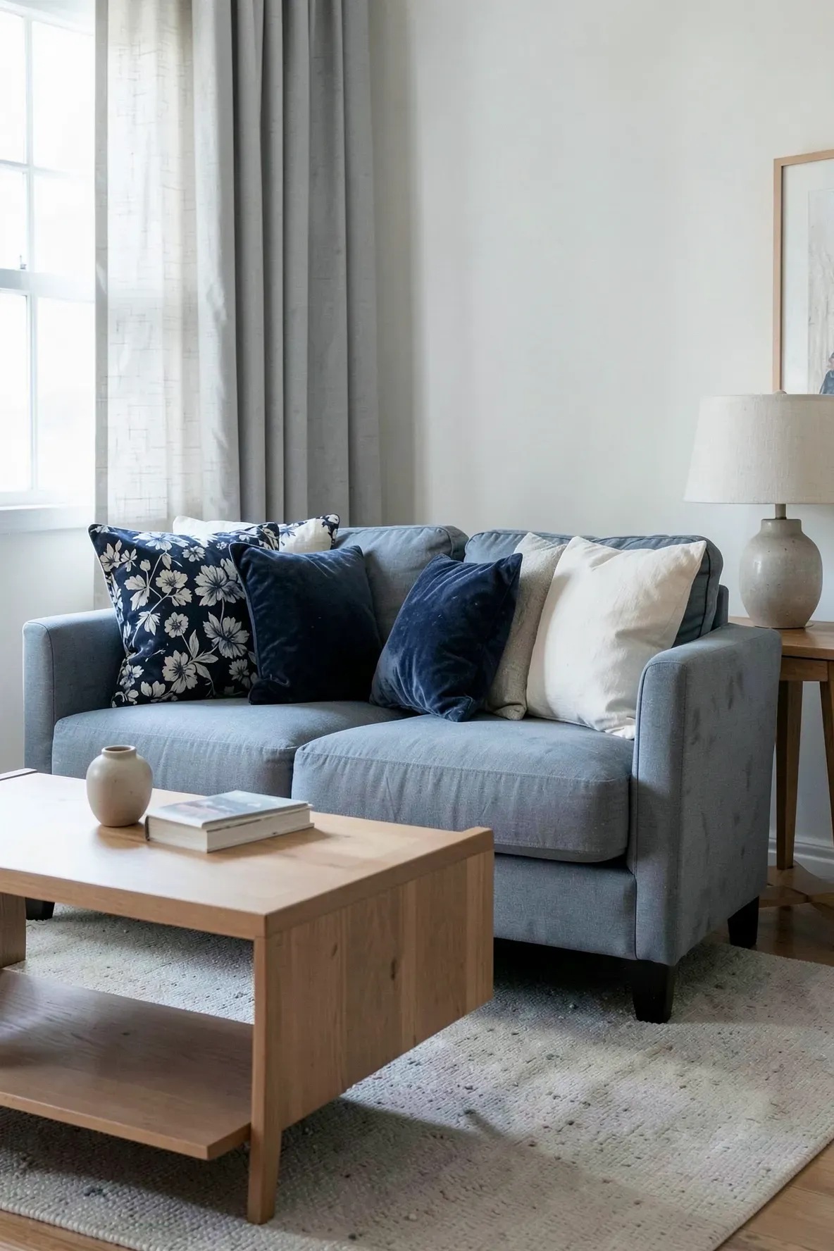 Neutral sofa with navy floral, dusty blue velvet, and off-white cotton pillows.