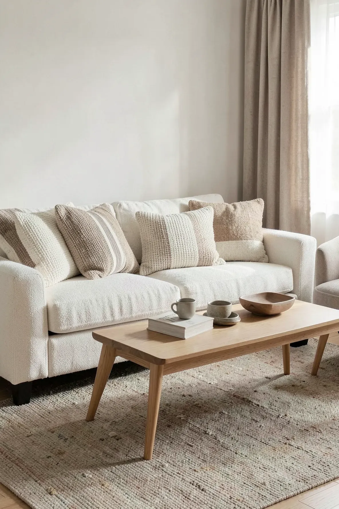 Neutral sofa with warm white knit, taupe stripe, and natural jute-texture pillows.