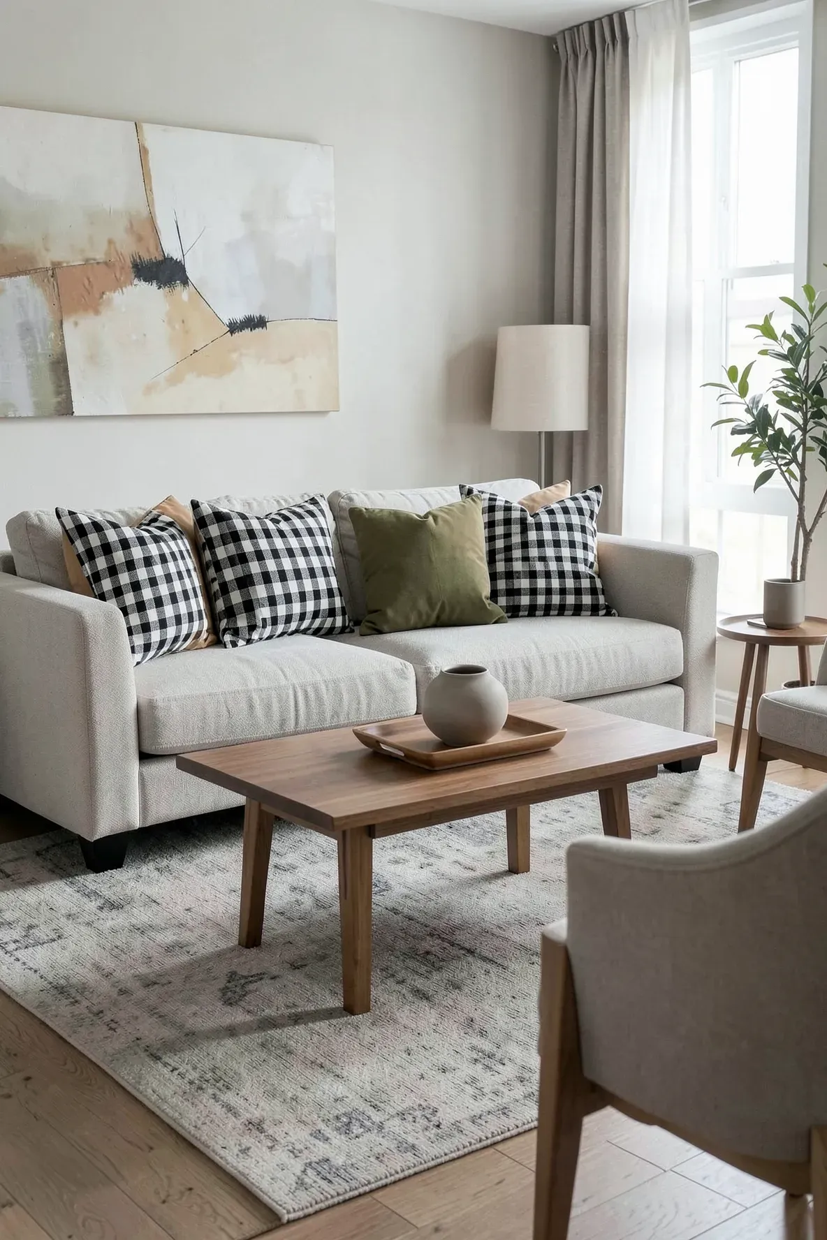 Neutral sofa with black and white check, olive, and tan throw pillows in a styled living room.