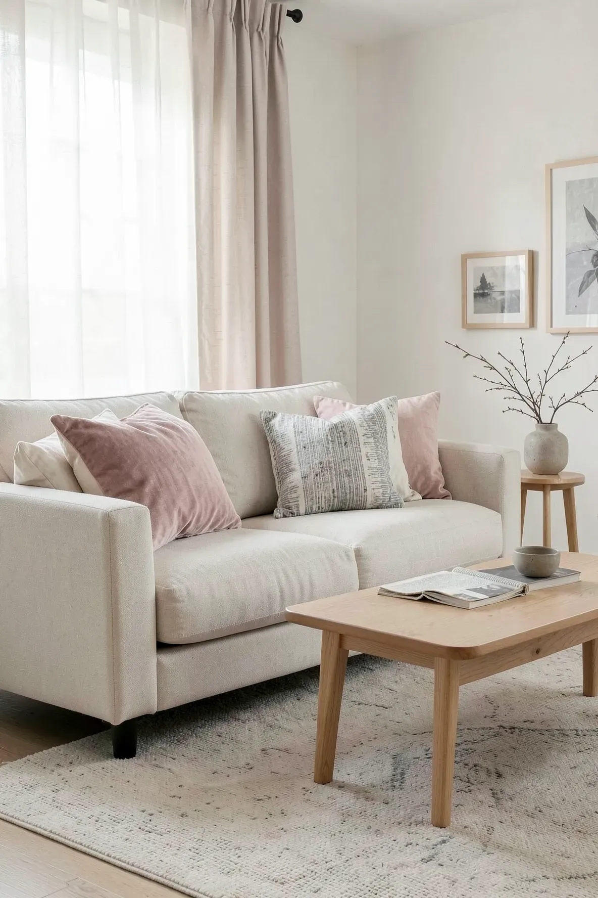 Cream sofa styled with blush velvet, ivory linen, and soft gray patterned pillows.