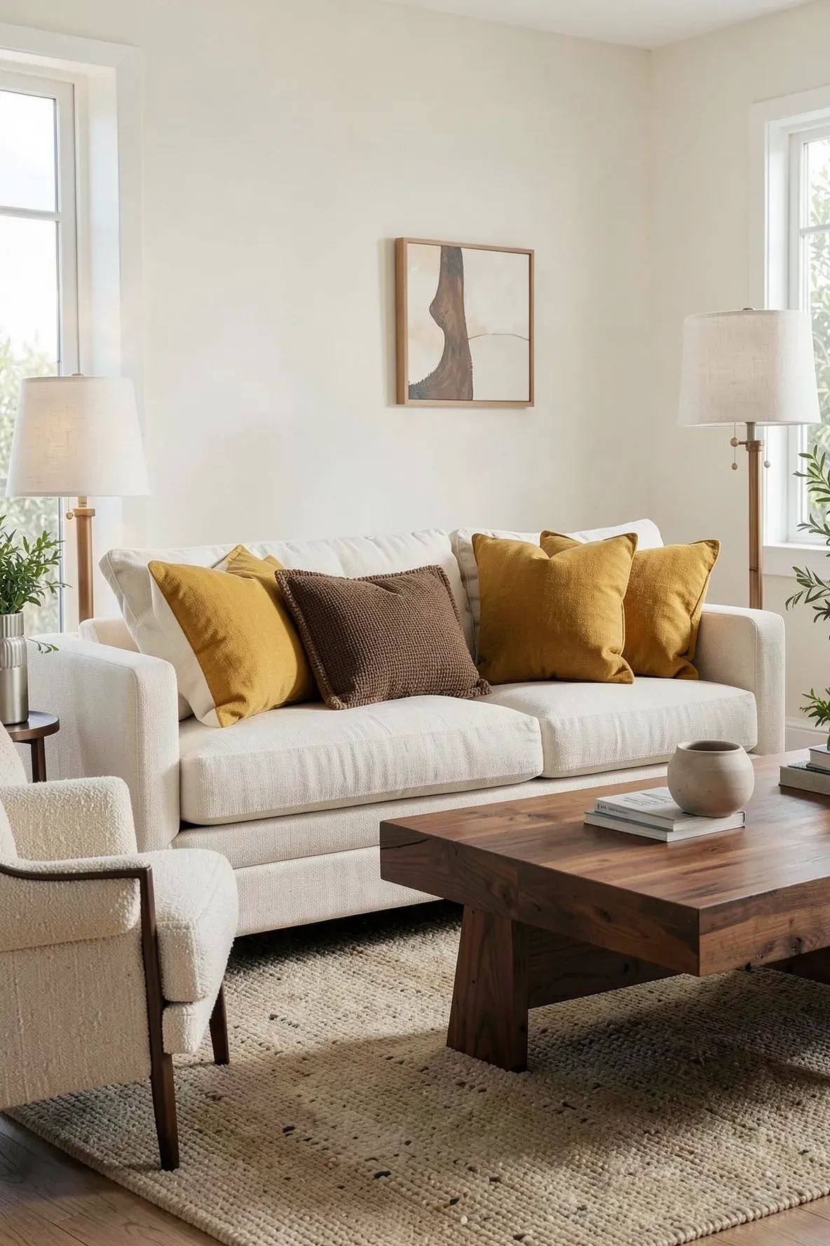 Neutral sofa with cream pillows, mustard accents, and walnut brown textured cushions.