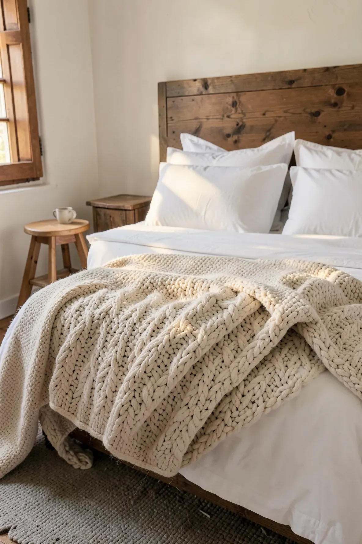 A chunky cream wool knit bolster pillow resting on a bed with a wooden headboard.
