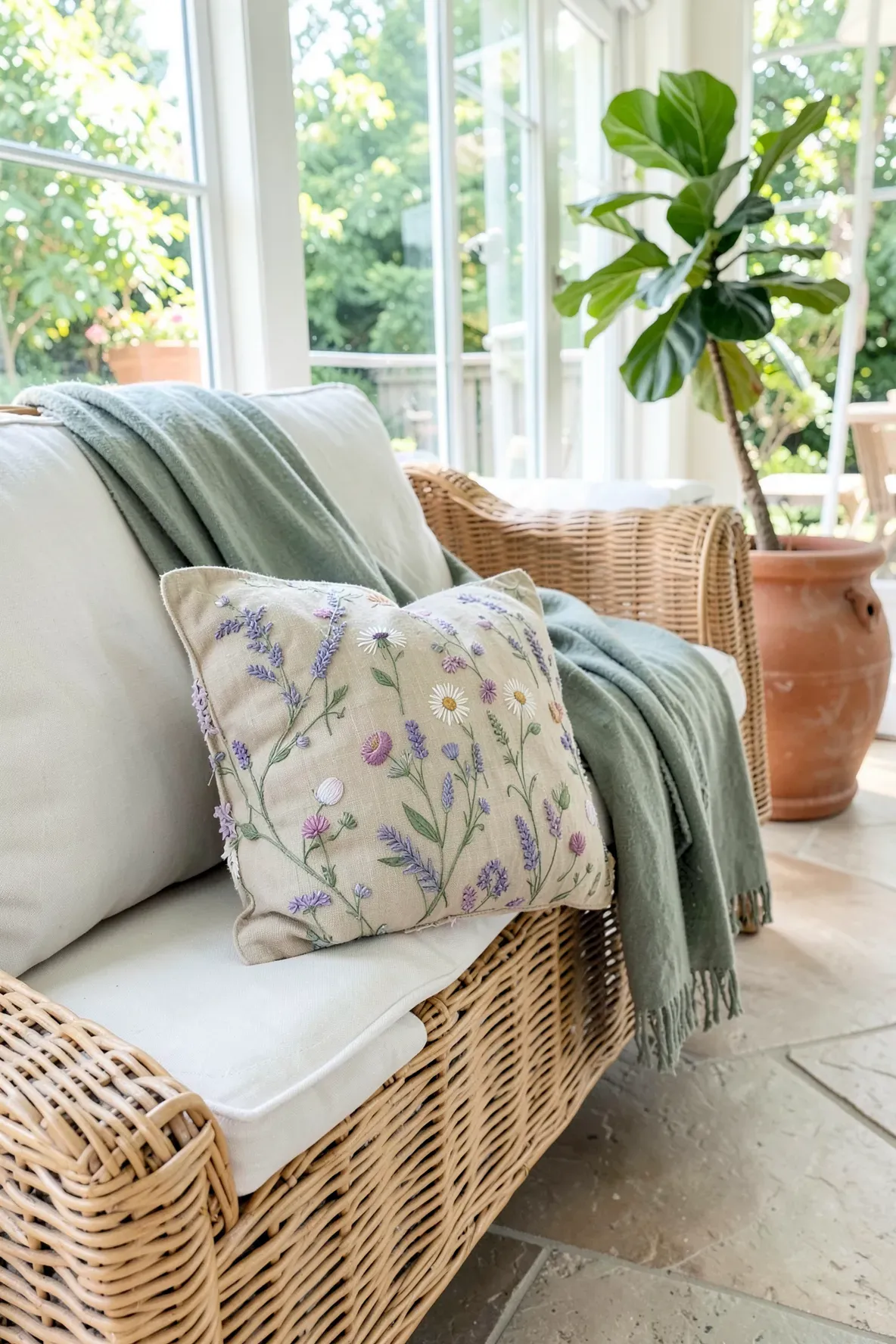 An embroidered wildflower linen cushion on a wicker sofa in a sun-drenched room.