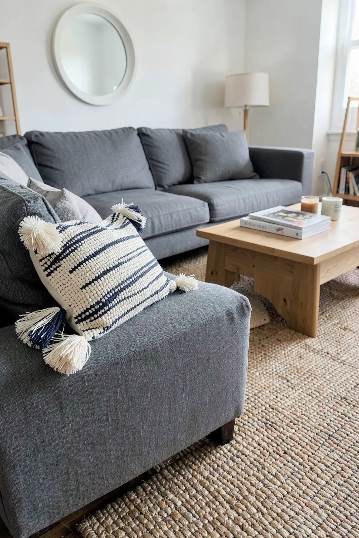 A woven cotton pillow with large corner tassels sitting on a grey sectional sofa.