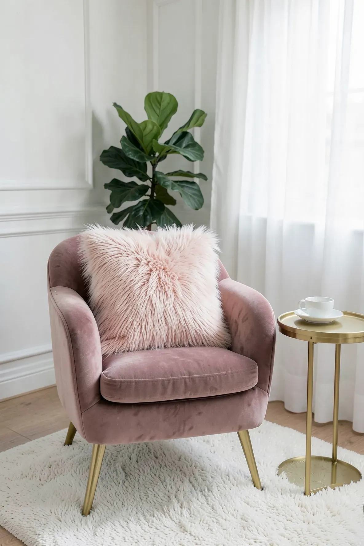 A soft blush pink faux fur pillow on a velvet chair in a bright reading nook.