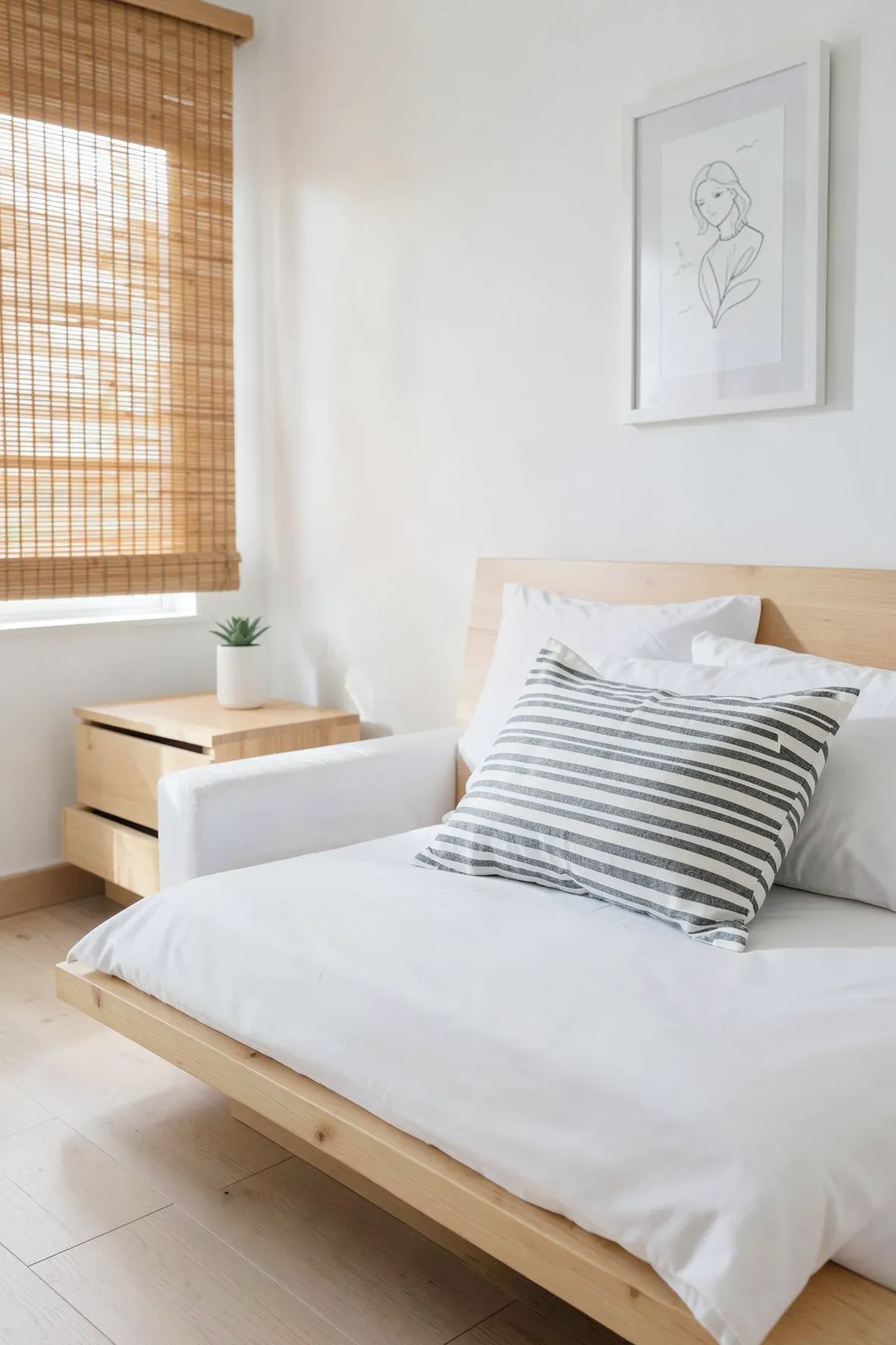 A minimalist white bamboo fiber pillow with grey stripes on a clean platform bed.