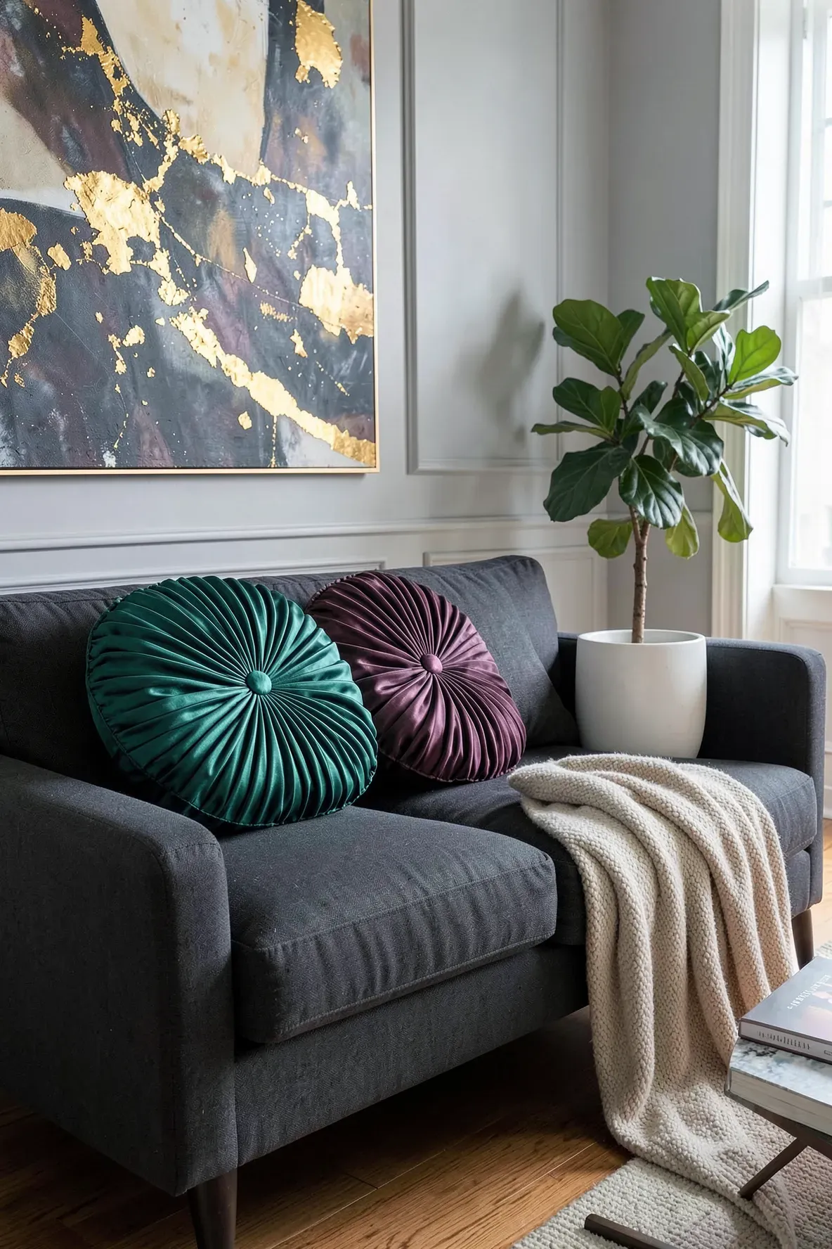 Three round pleated silk pillows in emerald, sapphire, and plum on a grey sofa.