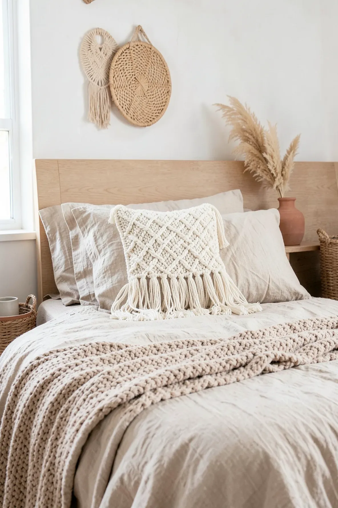 A cream macramé pillow with long fringe on a bed with neutral linen sheets.