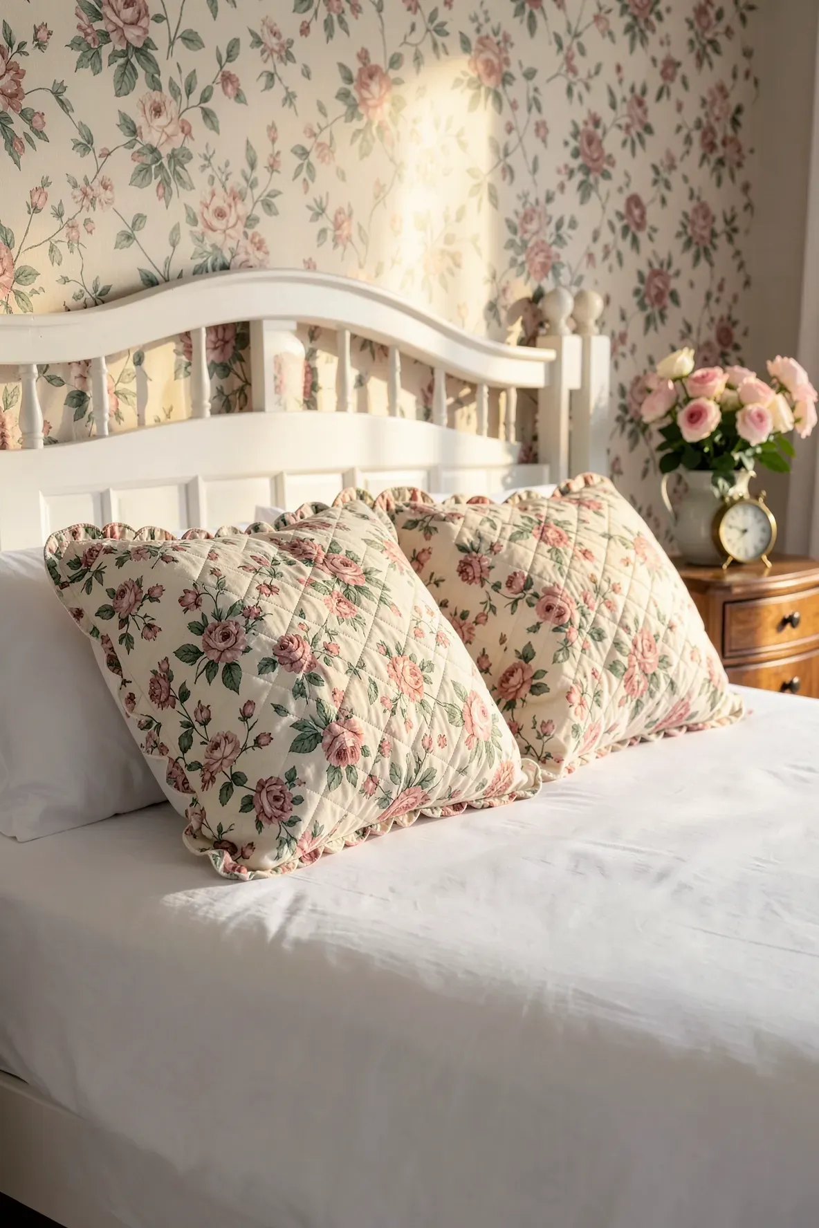 Two floral quilted pillows with scalloped edges on a white spindle bed.