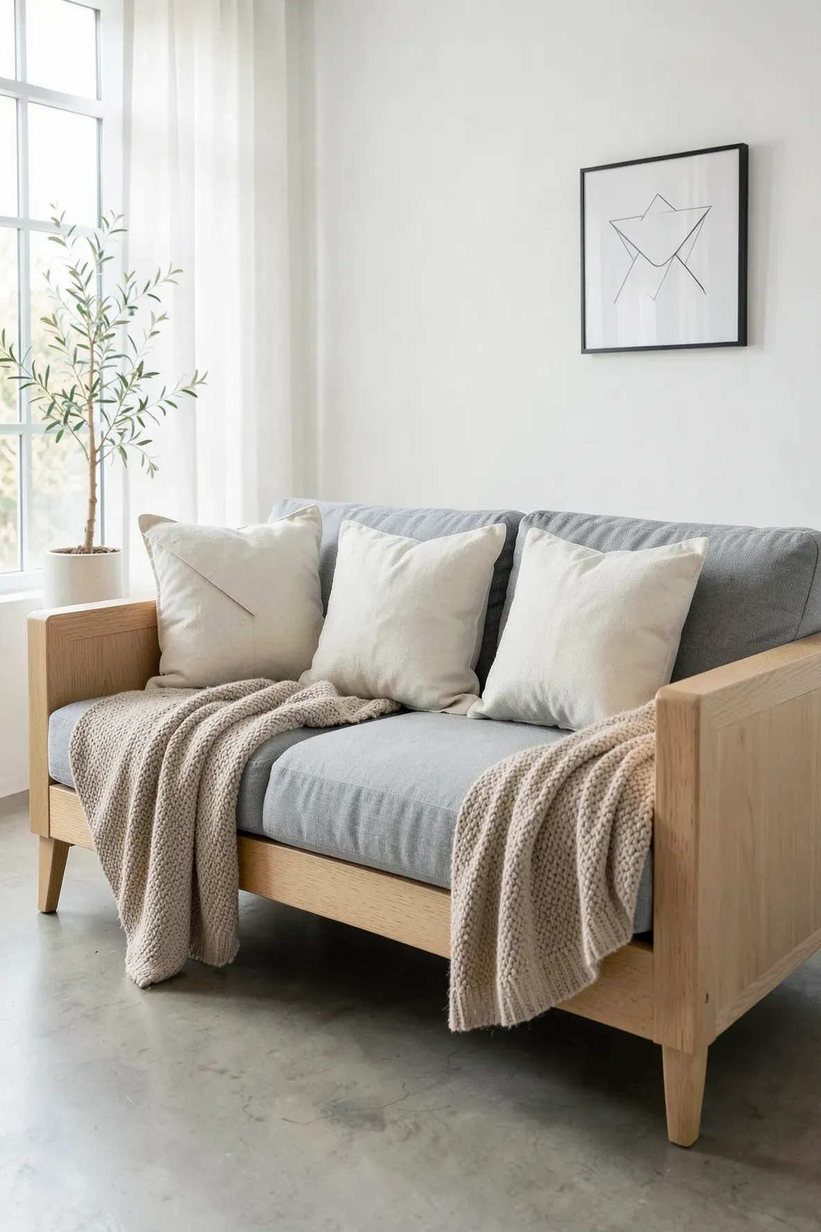 A modern living room featuring handmade cream linen envelope-style pillow covers on a grey sofa.