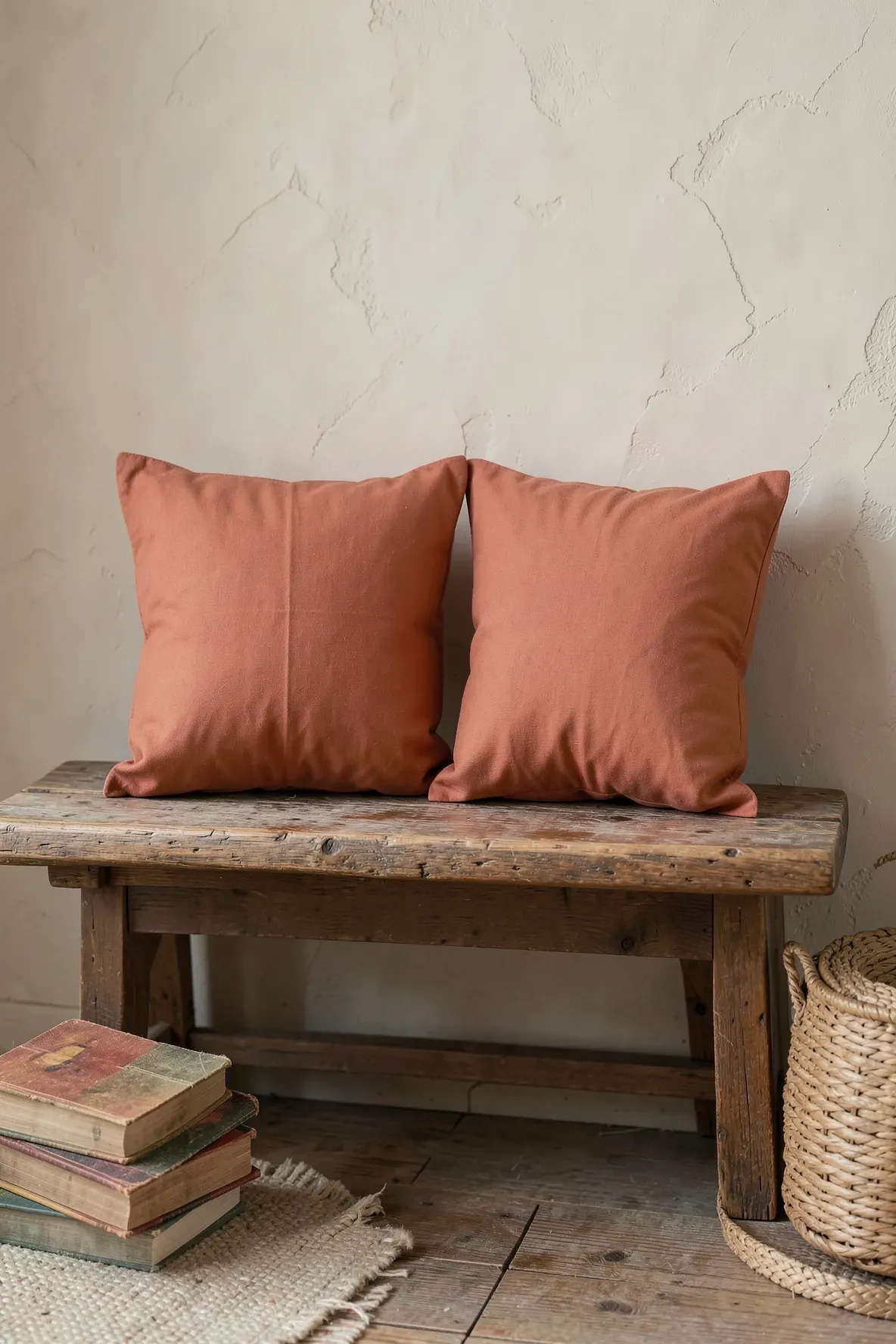 Terracotta colored no-sew pillows with glued seams resting on a rustic wooden bench.