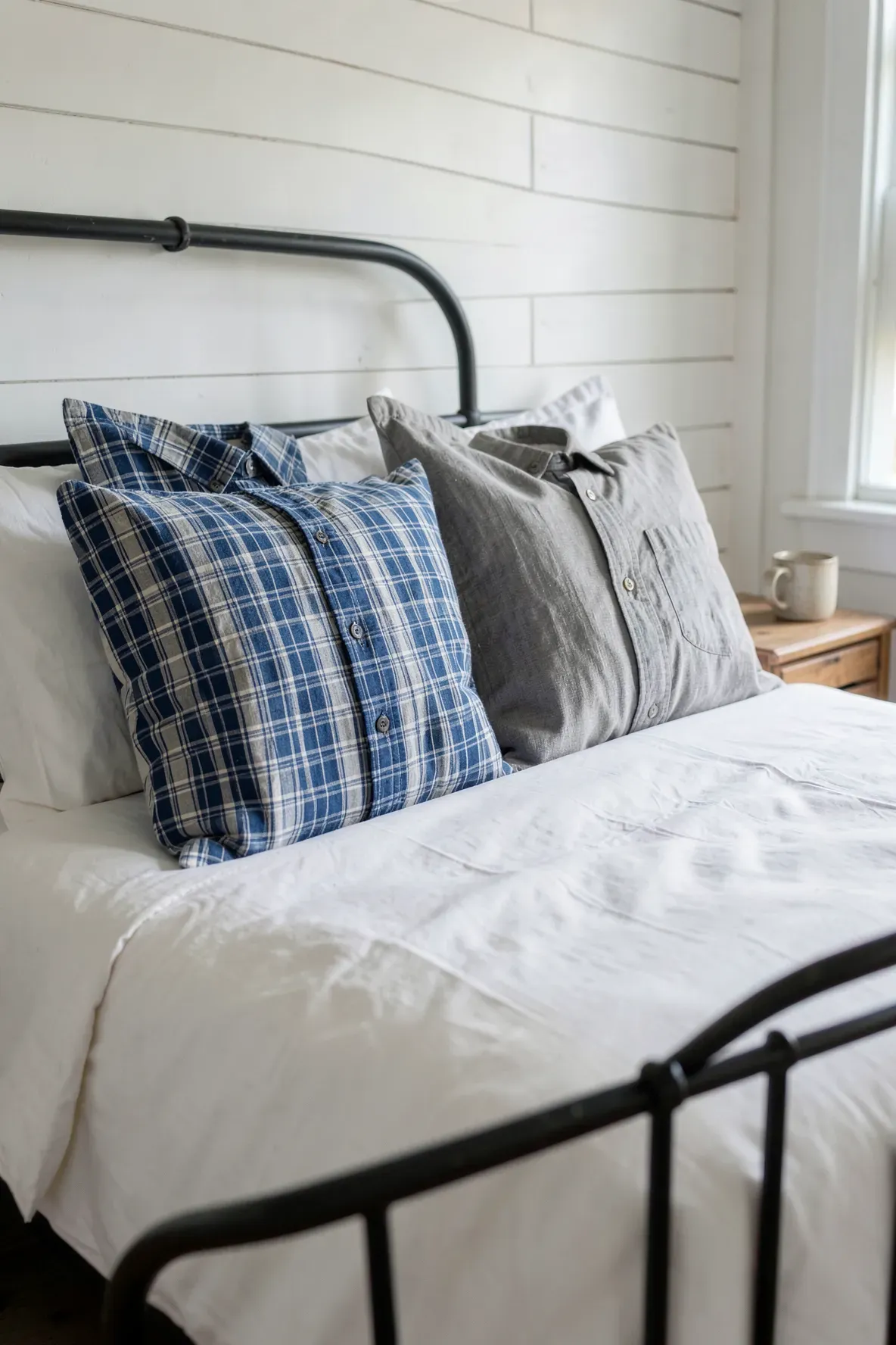 Two pillows made from upcycled button-down shirts resting on a farmhouse bed.