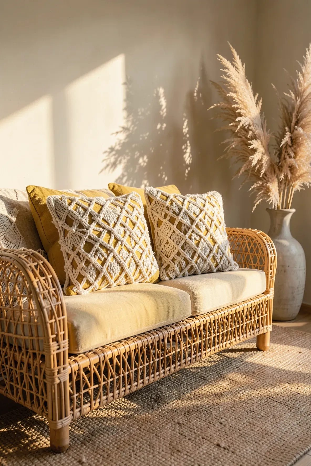 Mustard yellow pillows with white hand-knotted macramé overlays on a rattan sofa.