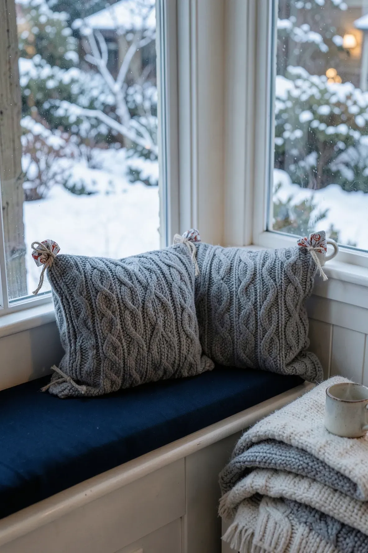 Grey cable-knit bolster pillows made from sweater sleeves resting on a cozy window seat.