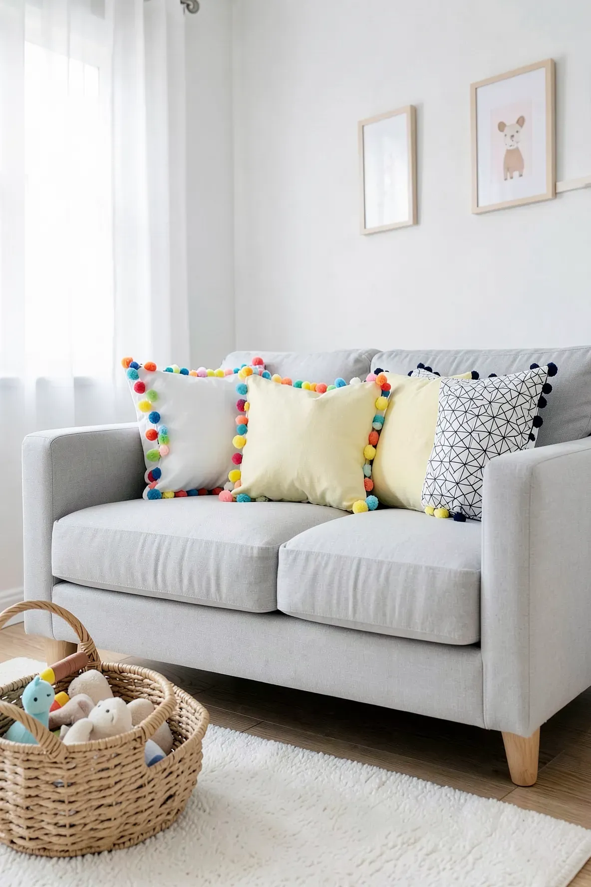 Colorful pom-pom trim pillows on a gray sofa in a bright, modern nursery.