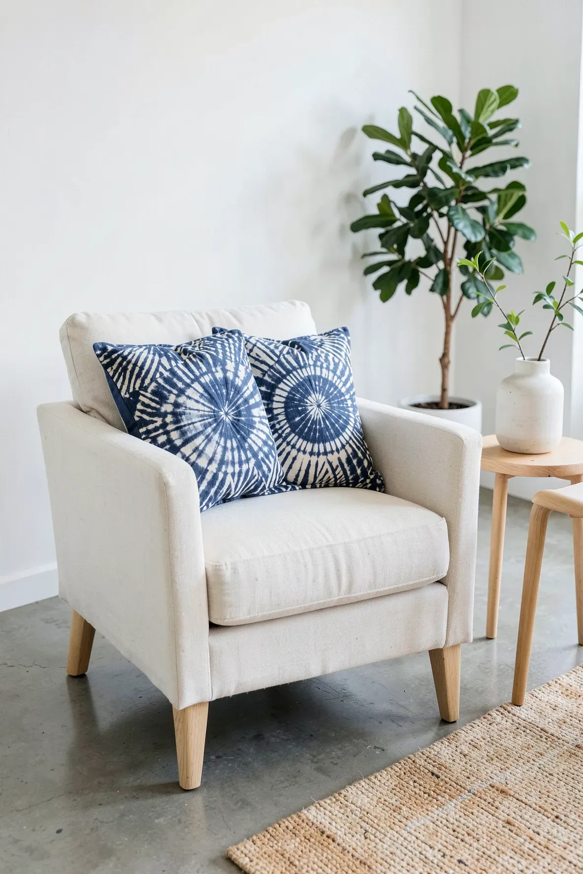 Blue and white shibori dyed pillows on a cream armchair in a minimalist room.