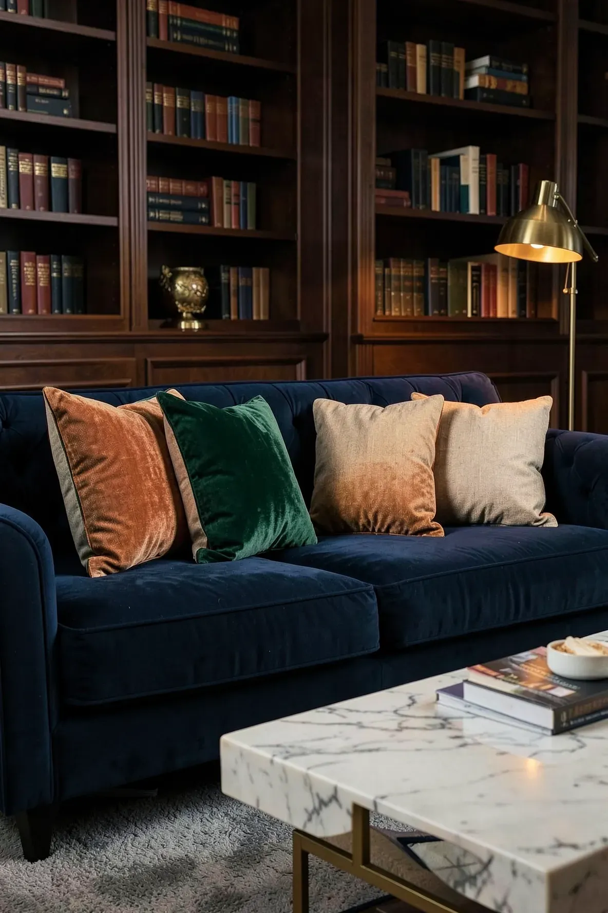 Emerald and orange velvet pillows with linen backs on a navy sofa.