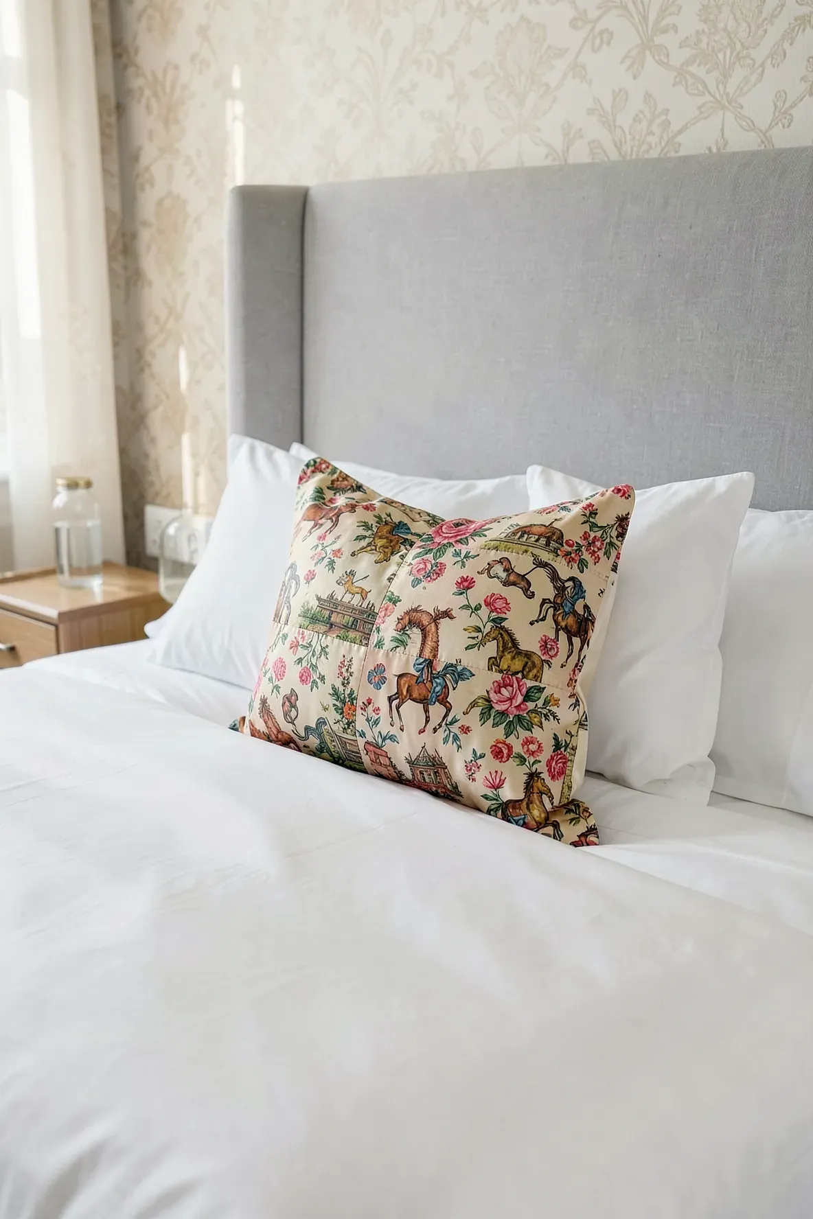 A colorful silk scarf patchwork pillow on a white bed in a bright room.