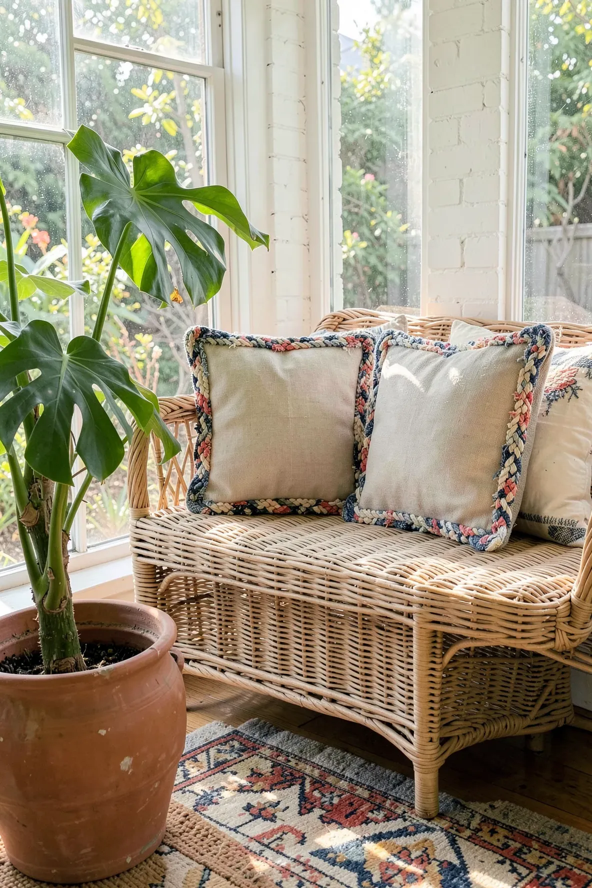 Neutral pillows with colorful braided fabric borders on a wicker bench.
