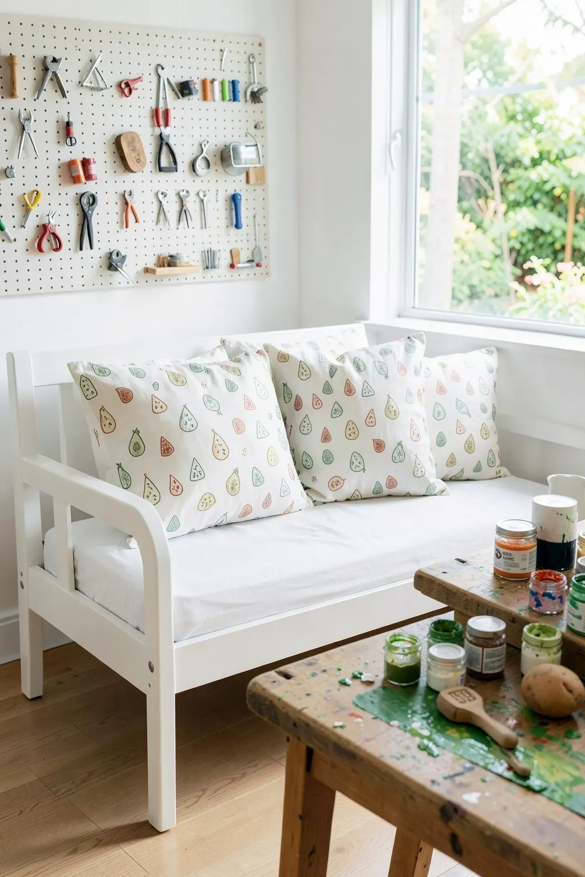 Hand-stamped green and terracotta patterned pillows on a white daybed.
