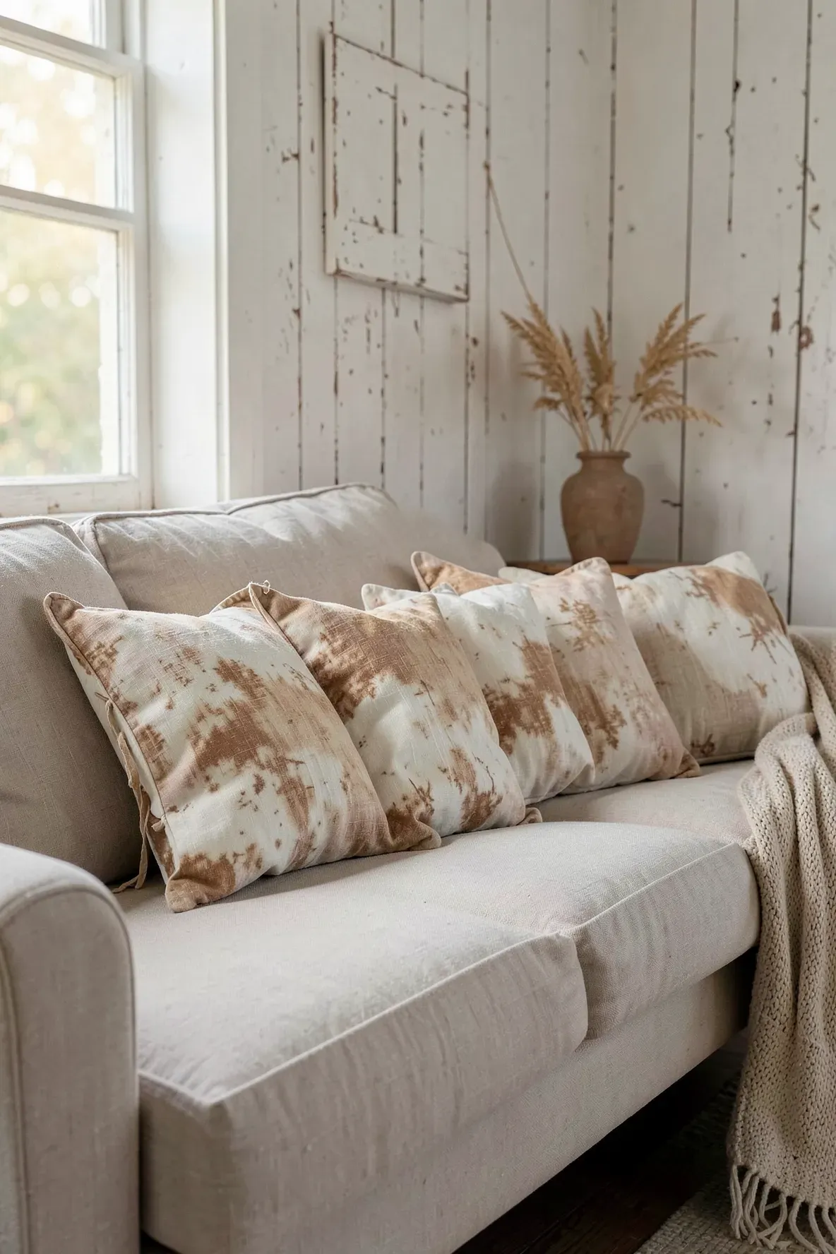 Three tea-stained muslin pillow covers with tie-closures on a linen sofa in a farmhouse room.