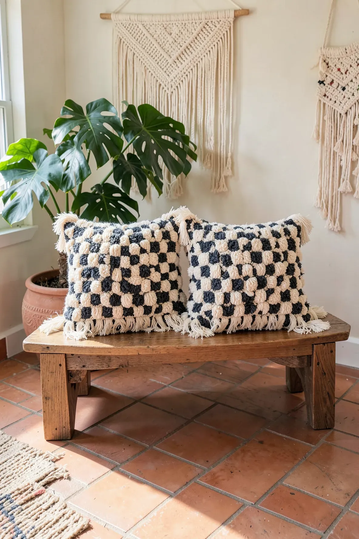 Close-up of tufted yarn pillow covers with shaggy fringe on a wooden bench in a boho room.