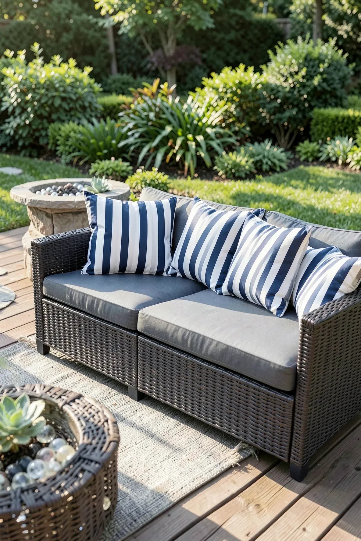 Striped waterproof pillow covers made from tablecloths on a wicker outdoor sofa.