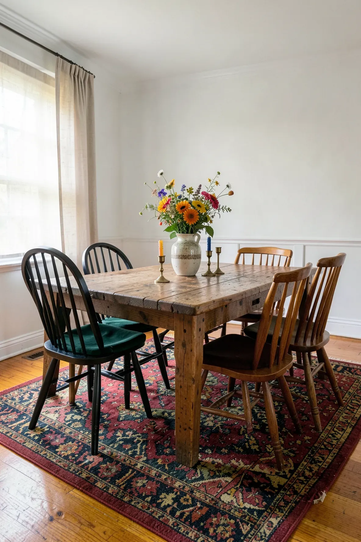 A rustic wood table surrounded by mismatched vintage chairs in a sunlit dining room.