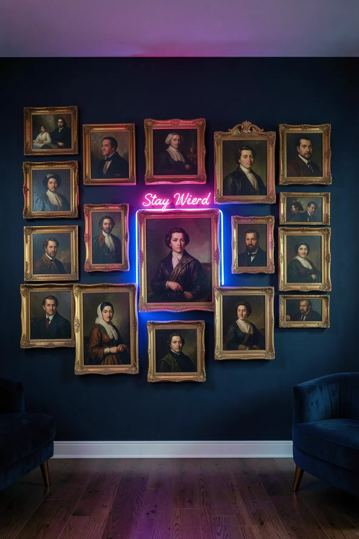A dark navy wall covered in antique gold-framed portraits with a pink neon sign overlay.