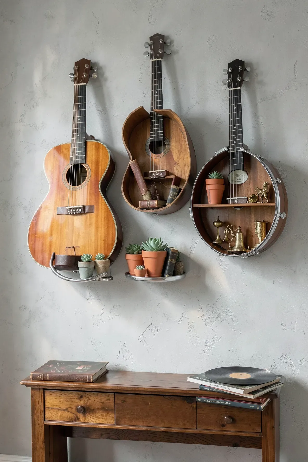 An acoustic guitar and a vintage drum mounted on a wall as unique shelves for books and plants.