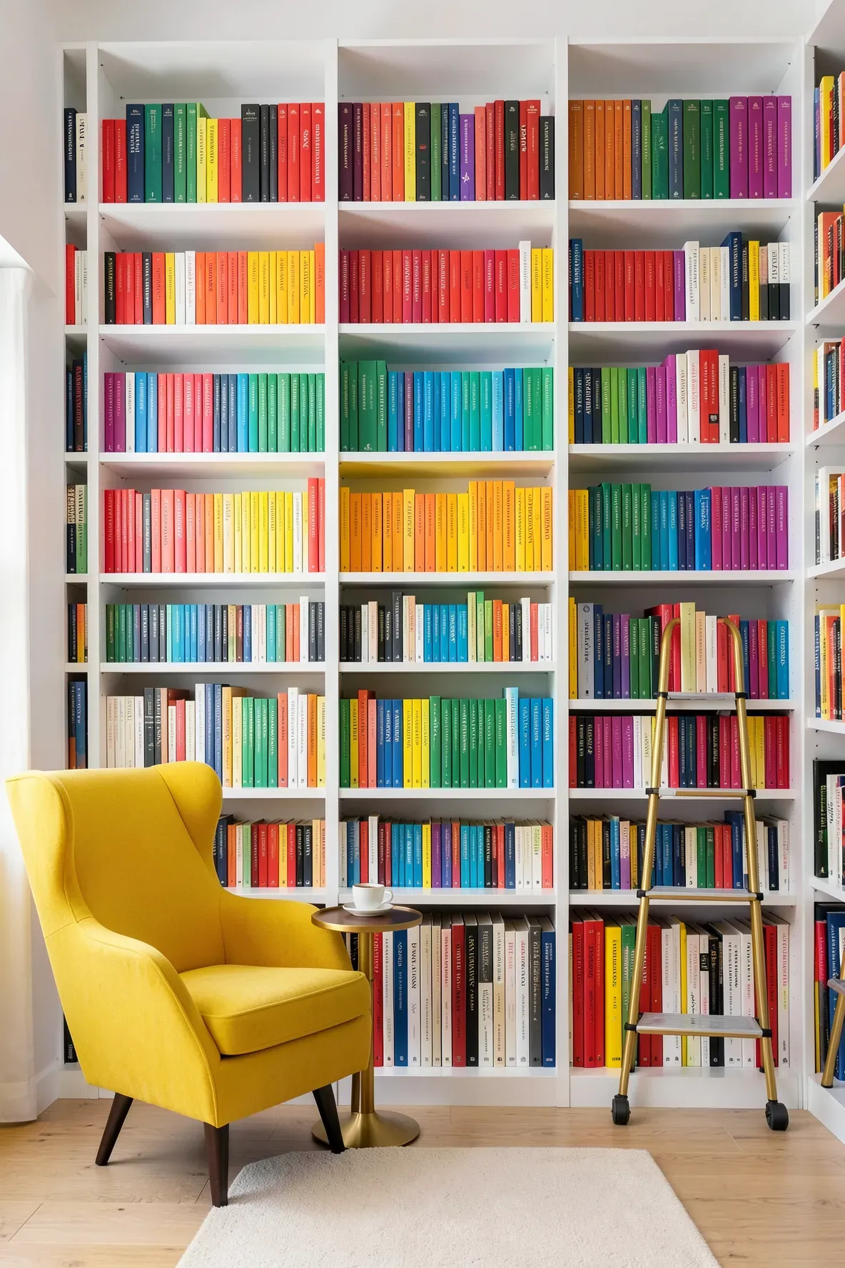 A floor-to-ceiling bookshelf with books organized by color to create a rainbow gradient.