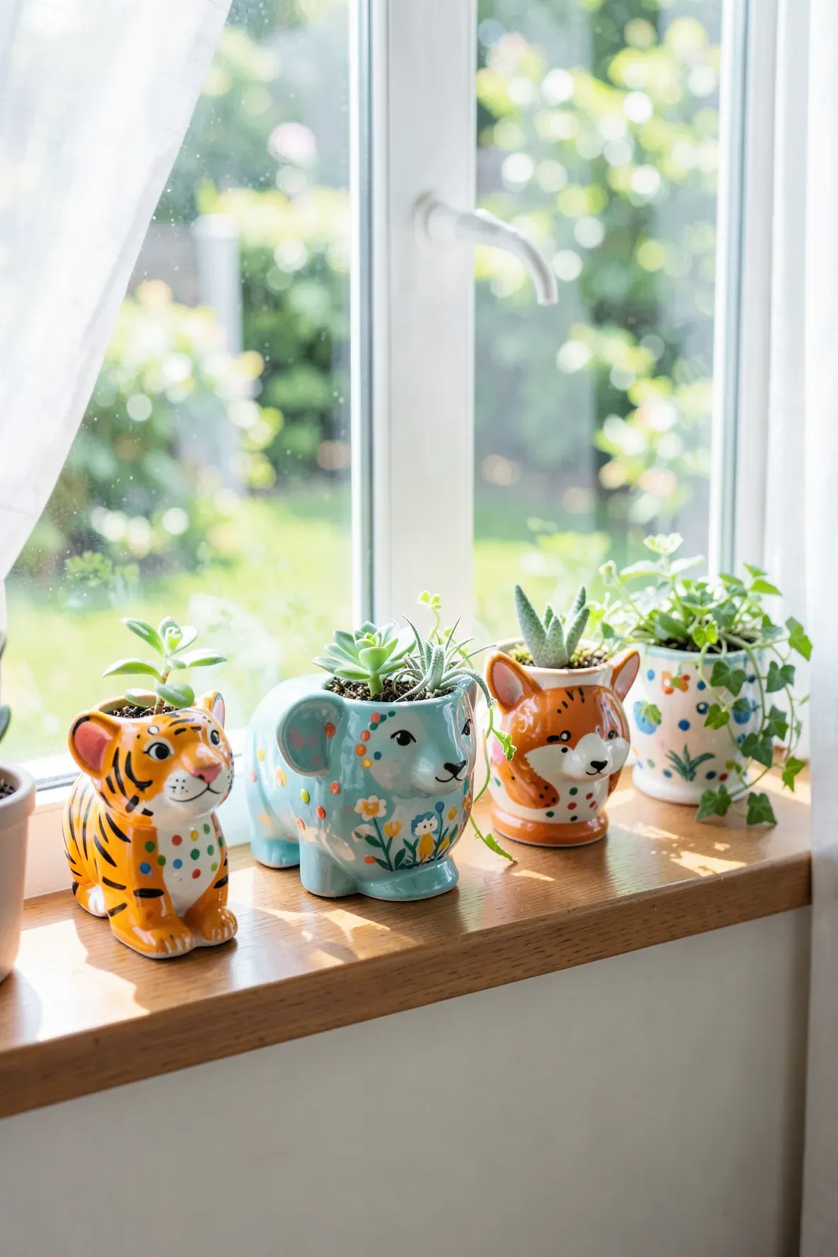 Colorful ceramic animal-shaped planters with succulents sitting on a sunny white windowsill.