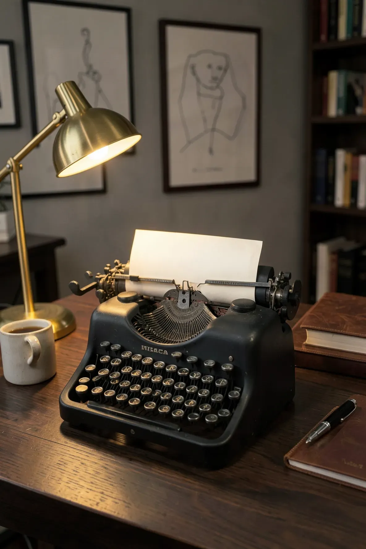 A vintage black typewriter with a sheet of paper on a dark wood desk with a brass lamp.